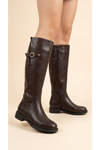 Moda Lime Women's Leather Look Buckle Side Zipper Below the Knee Winter Boots