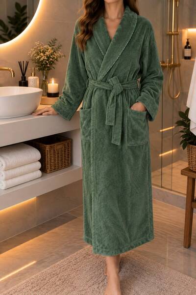 AHSEN TASARIM 100% Cotton Velvet, Long, Soft-Textured, Pocketed, Belted Bathr...