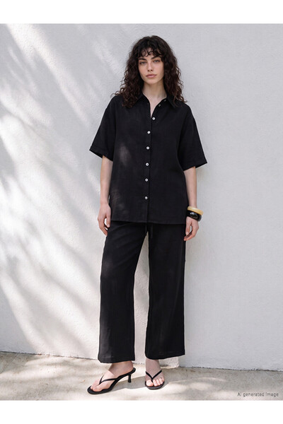 LC Waikiki Vizyon New Season Black Elastic Waist Linen Blend Women's Trousers