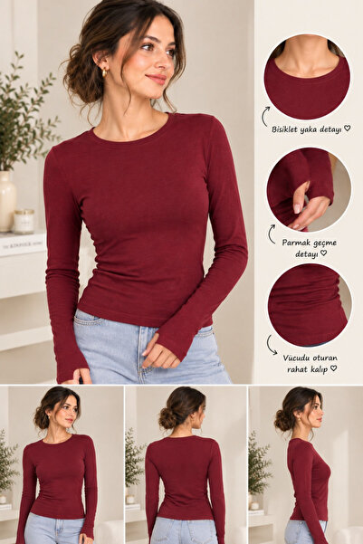 Bisiklet Yaka Parmak Detaylı Bordo Bluz