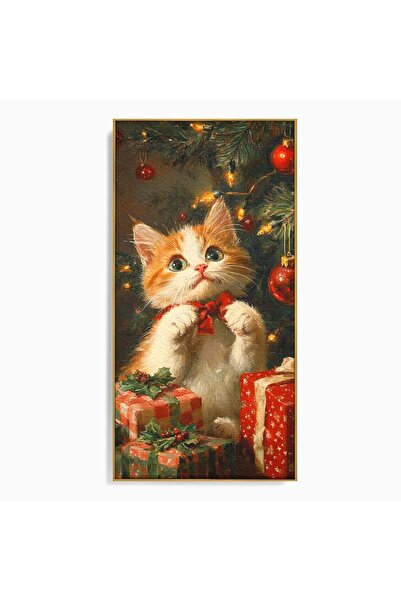 Luxcanva Tablou Canvas Pisicuta De Craciun 60x120 cm cu Rama Auriu Labute Fel...
