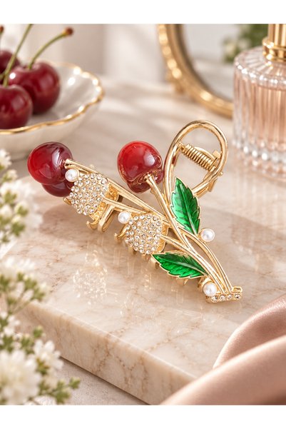 Miastore Cherry Detailed Stone-Embellished Hairpin – Stylish Women's Hair Cli...