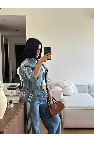 vesantia Kadın Mavi Denim Kot Takım Şerit Detaylı Fermuarlı Bomber Ceket Palazzo Pantolon İkili Takım