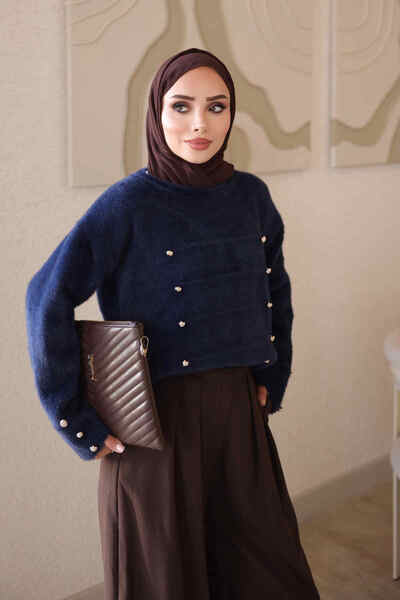 İmajButik Navy Blue Angora Knit Sweater with Button Detail