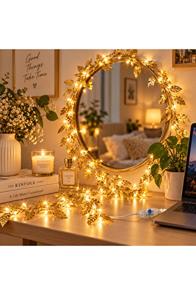 ARVALE Peri 3x2 Metre USB’li Gold Yapraklı LED Işık Zinciri – Sıcak Beyaz Dek...