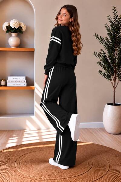 wees mod Kadın Pudra Çizgili Oversize Seweatshirt Ve Bol Paça Eşofman Altı 2'li Takım