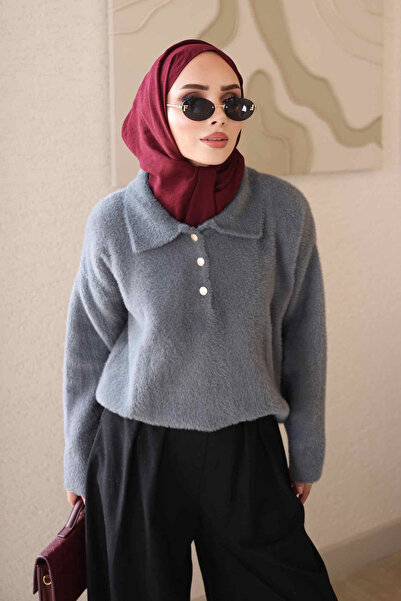 İmajButik Smoked Shirt Collar Angora Soft Knitwear Sweater