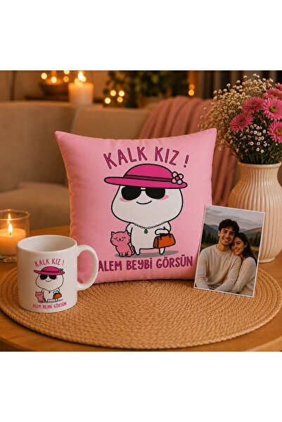 Kişiye Özel Kalk Kız Alem Beybi Görsün Baskılı Kupa ve Dekoratif Yastık Hediye Seti