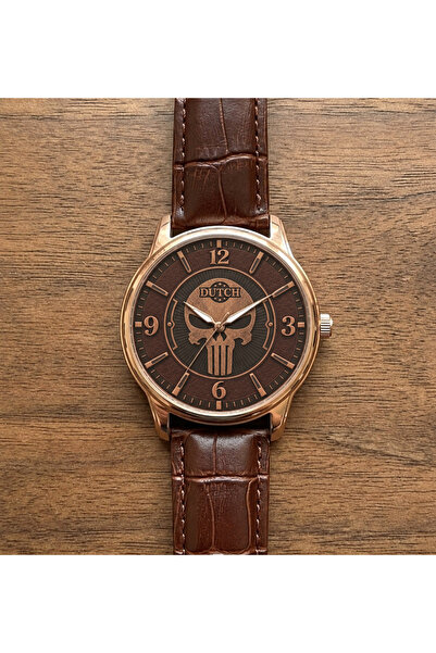 DUTCH STORE Men's Wristwatch - Brown Dial with Skull Design, Brass Bezel, and...