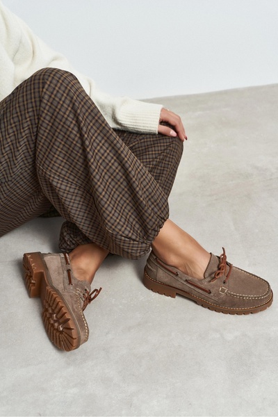 NİŞANTAŞI SHOES Janga Koyu Bej Hakiki Süet Deri Bağcık Detay Marin Kalın Taba...