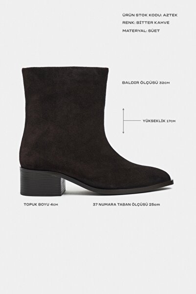 NİŞANTAŞI SHOES Aztek Bitter Kahve Süet Deri Sivri Burun Blok Topuk Kadın Bot