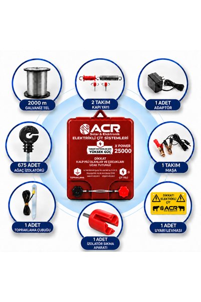ACR GÜÇMATİK ÇİTMATİK ACR X Power 25000 Plus Fotoselli 15000 m²’ye Kadar Ağaç İzolatörlü Galvaniz Telli Elektrikli Çit Paketi