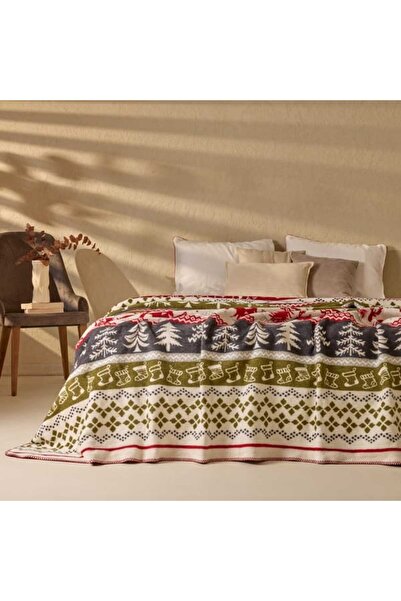 Evidea Soft Nordic Pamuklu Çift Kişilik Battaniye - Kırmızı / Yeşil - 200x220 cm