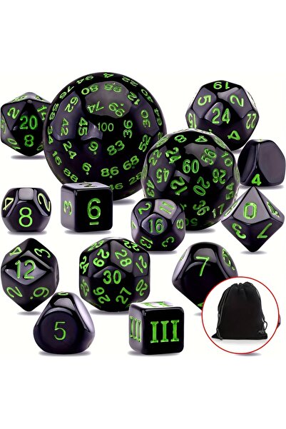 Choice Black Green DND Polyhedron D3-D100 Dice Set (15 Pieces) for Roleplayin...