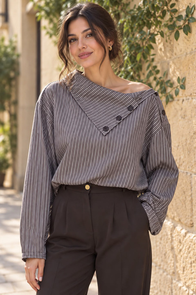 FH Living Kadın Asimetrik Yaka Düğme Detaylı Çizgili Oversize Gömlek