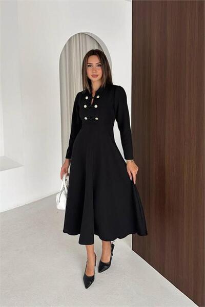 Neşeli Butik Γυναικείο μαύρο φόρεμα μίντι με λεπτομέρεια σε σχήμα Α και μακρι...