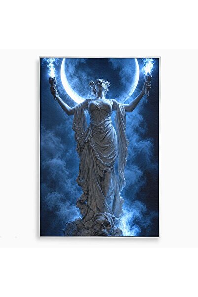 Luxcanva Tablou Canvas Zeita Lunii 100x150 cm cu Rama Argintiu Mistic Statuie...