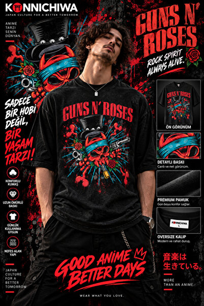 FG KONNİCHİWA Guns N' Roses rok muzika majica – crna crvena grafička štampa