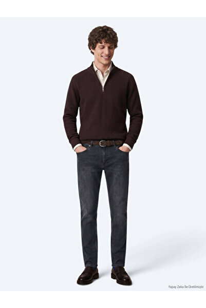 Kip Navy Blue Plain Slim Fit Denim Cotton Blend Trousers