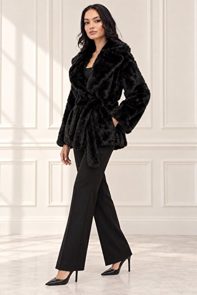 FashionForYou Palton EveLLin din blană artificială cu șnur detașabil, Negru, ...
