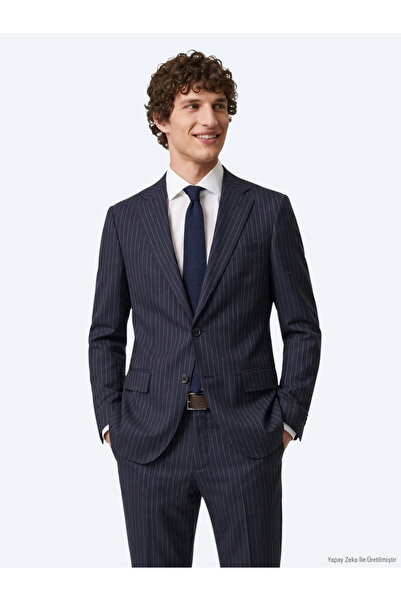Kip Navy Blue Striped Modern Fit Wool Blend Suit