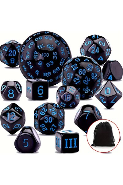 Choice Black Blue DND Polyhedron D3-D100 Dice Set (15 Pieces) for Roleplaying...