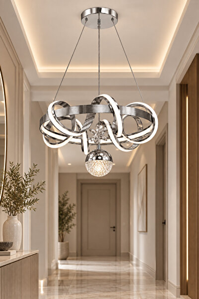 Gümüş LED Avize Çizgili Kuzey 3 Renk Işıklı Modern Salon ve Yemek Odası Aydınlatması