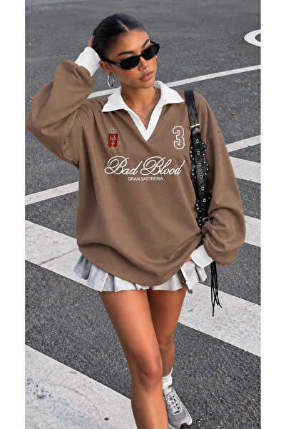 Kadın Oversize Uzun Kollu Polo Yaka Kolej Nakışlı Sweatshirtt