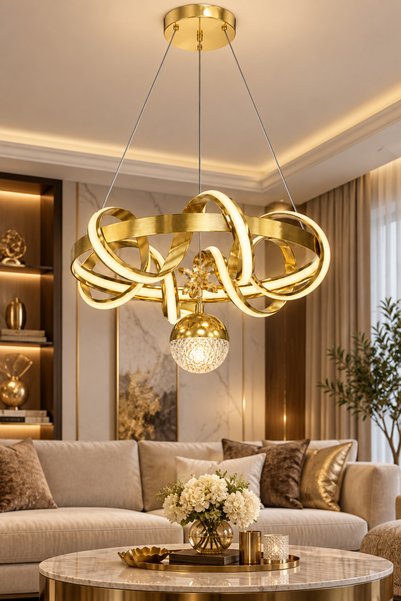 Ulucam Aydınlatma Gold LED Avize Çizgili Kuzey 3 Renk Işıklı Yemek Odası Avizesi
