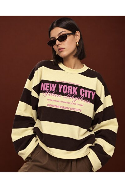 CrepTekstil Kadın Kahverengi Sarı Çizgili New York City Baskılı Oversize Swea...