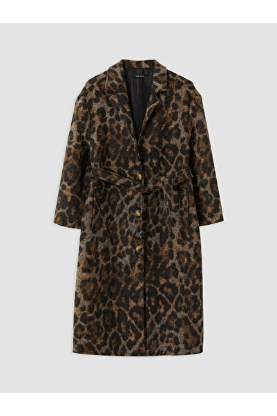 LC Waikiki Brown Leopard Patterned Women's Cashmere Coat with Belt