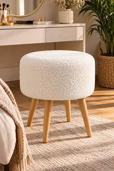 ygdecor Bulut Bukle Kumaş Yuvarlak Puf Makyaj Masası Sandalyesi Ahşap Ayaklı ...