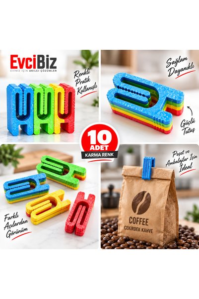 Evcibiz Poşet Paket Mandalı Klipsi 10'lu Karma Renk PLA Çevre Dostu Kese ve Ambalaj Mandalı
