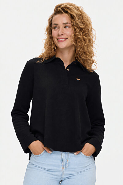 UCLA BERNIE Siyah Polo Yaka Pamuklu Metal Logolu Loose Fit Kadın Pike Sweatshirt