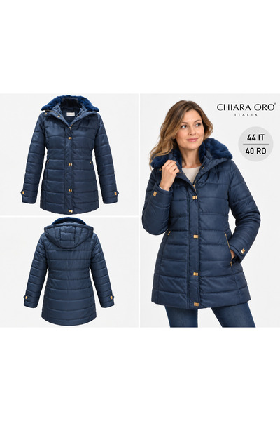 Chiara Oro Geaca eleganta dama, RONNY,cu gluga si guler in blanita, albastru, M