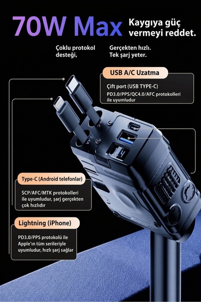 Mmctech 70W Çakmaklık Girişli Şarj Cihazı | Araç Şarj Cihazı | 3 USB + Type-C PD 3.0 | Lightning + Type-C Kablolu | Hızlı Şarj