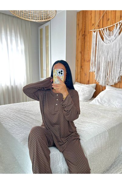 ByGamzeArman Brown Polka Dot Buttoned Front Long Sleeve Cotton Fabric Pajama Set