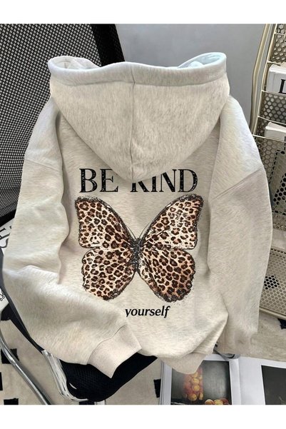 MITHRAS OUTDOORS Unisex Gray Be Kind Leopard Butterfly Back Print Hooded Swea...
