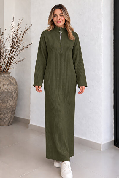 benguen Ribbed Knitwear Dress with Zipper on the Collar K3067 Khaki
