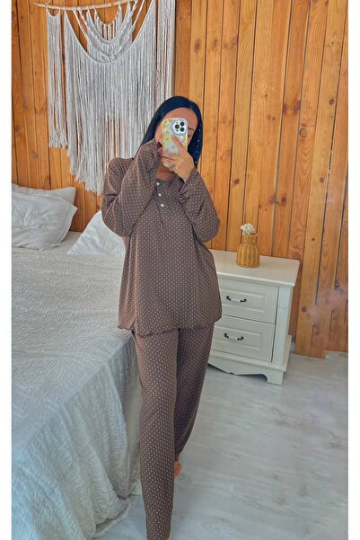 ByGamzeArman Kahverengi Puantiyeli Önü Düğmeli Uzun Kol Pamuk Kumaş Pijama Ta...