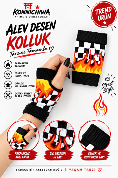 FG KONNİCHİWA Flame Patterned Fingerless Arm Sleeves – Black and White Checke...