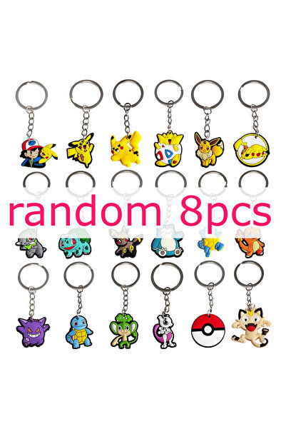 BANDAI random 8pcs Cute Pokem Soft PVC Keychain Set, Cartoon Key Rings Bag Ch...