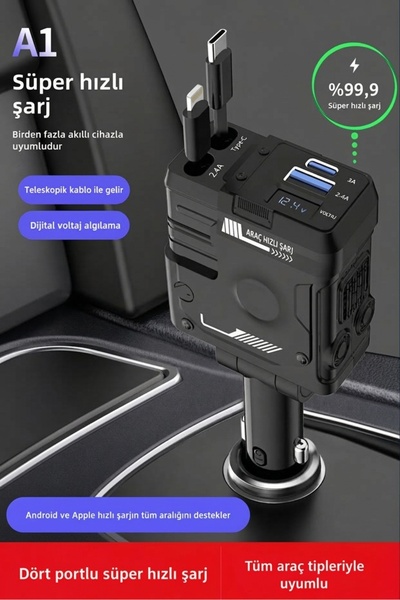 Mmctech 70W Çakmaklık Girişli Şarj Cihazı | Araç Şarj Cihazı | 3 USB + Type-C PD 3.0 | Lightning + Type-C Kablolu | Hızlı Şarj