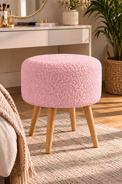 ygdecor Bulut Bukle Kumaş Yuvarlak Puf Makyaj Masası Sandalyesi Ahşap Ayaklı ...