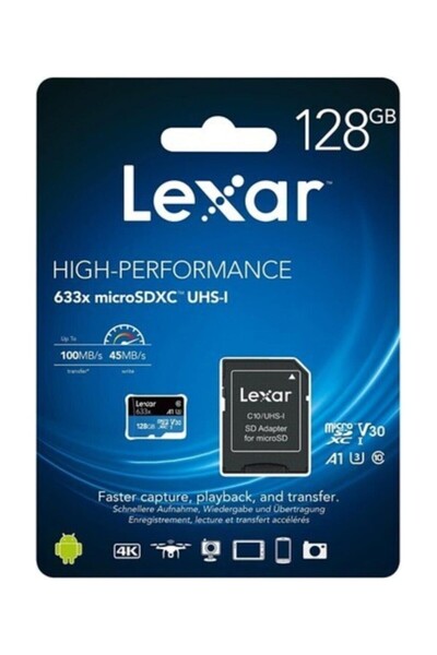 Lexar 128GB Micro SD Hafıza Kartı UHS-I C10 V30 A1 4K Yüksek Hızlı (100MB)