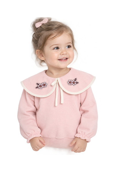 Kız Bebek Pembe Çiçek Nakışlı Büyük Yaka Fiyonklu Uzun Kol Sweatshirt
