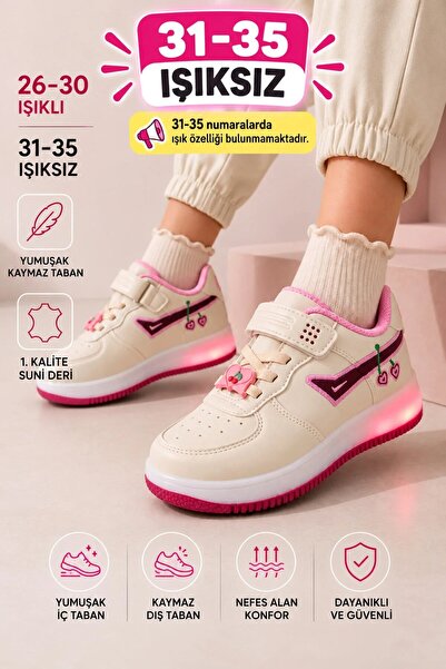 AlbiShoes Çocuk Işıklı Okul Günlük Spor Ayakkabı Kiraz Desenli Cırtlı Kaymaz Taban Rahat Sneaker