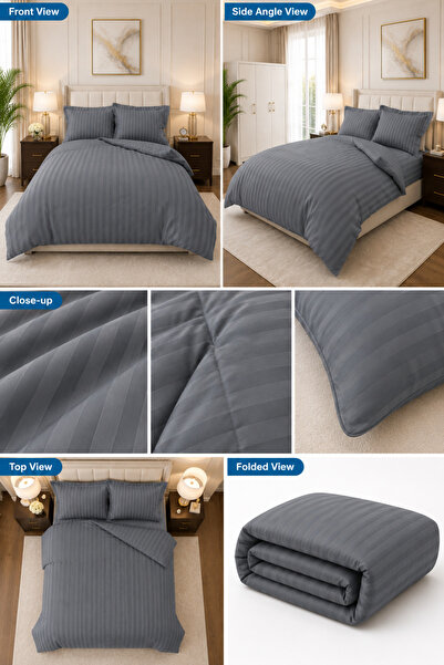 Soft Touch لحاف مخطط فاخر باللون الرمادي |   مقاس كامل 180 × 240 سم |   يشمل غطاء السرير المسطح وأغطية الوسائد