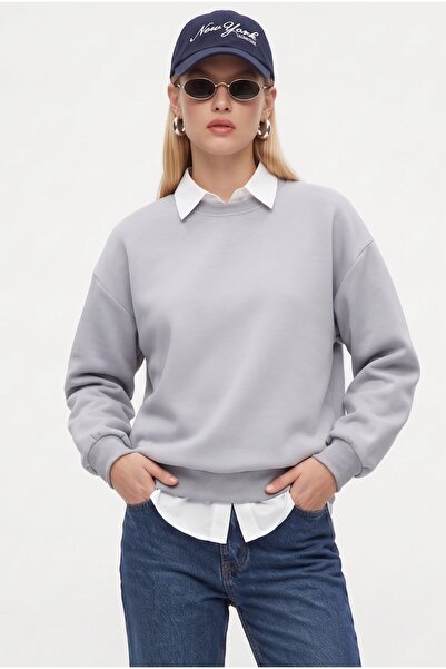 Ritnice Kadın New Cozy Polarlı Basic Bisiklet Yaka Pamuklu Örme Gri Sweatshirt