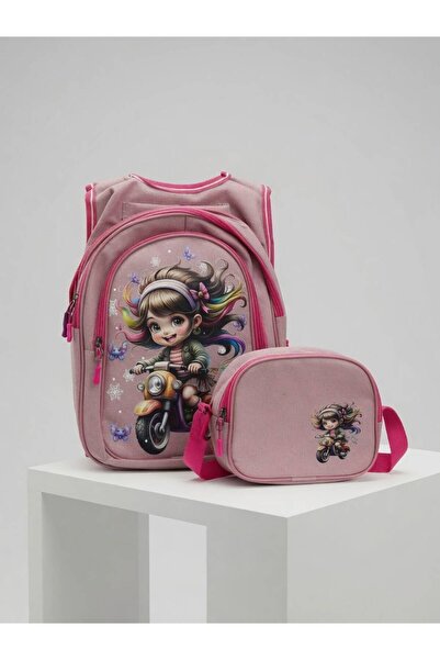 Kids Club Motorcycle Printed Girls' School Bag Powder